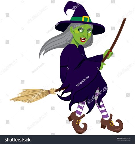 ugly green evil witch flying on stock vector 306875786