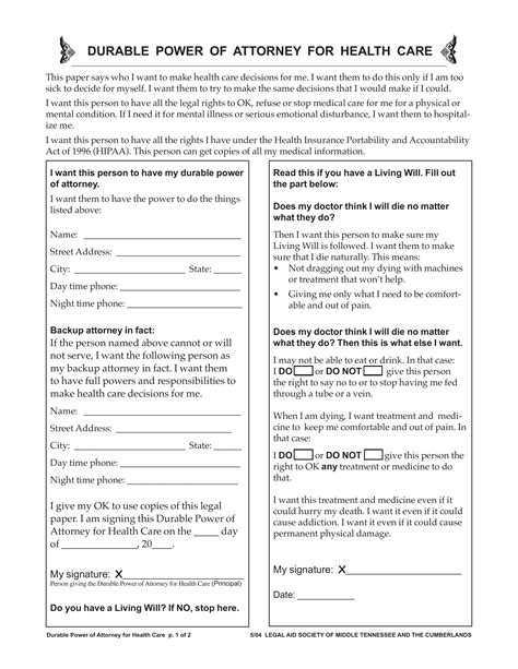 tennessee medical power  attorney form  eforms