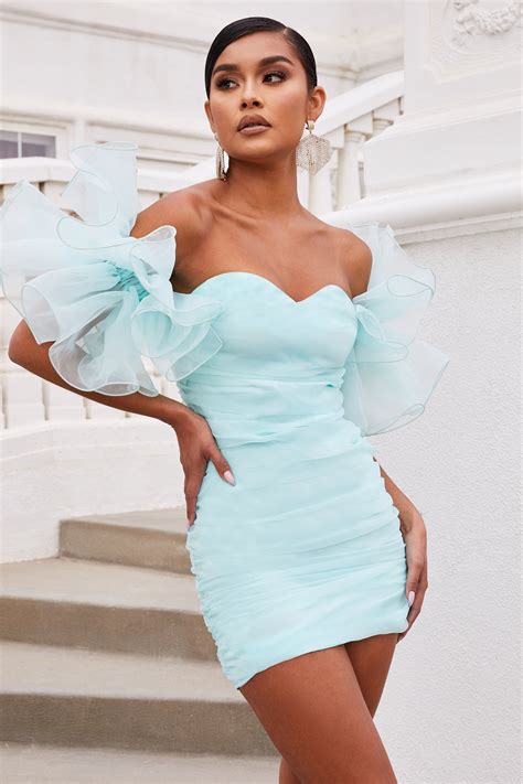 Light Blue Sweetheart Organza Ruffle Sleeve Mini Dress In 2021 Mini