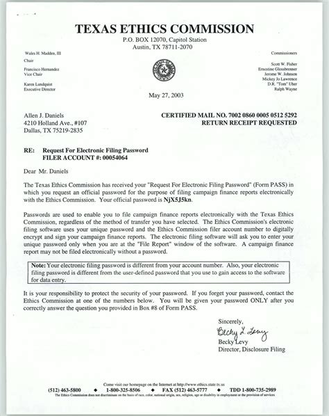 letter  texas ethics commission  allen  daniels  portal