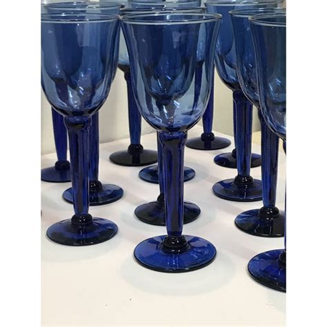 Vintage Cobalt Blue Hand Blown Glass Wine Water Goblets Set Of 14