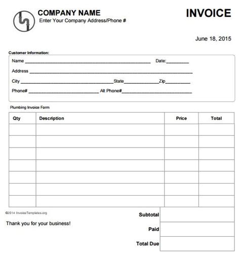 plumbing invoice template   invoice template word printable
