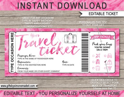 printable travel ticket gift template surprise vacation reveal