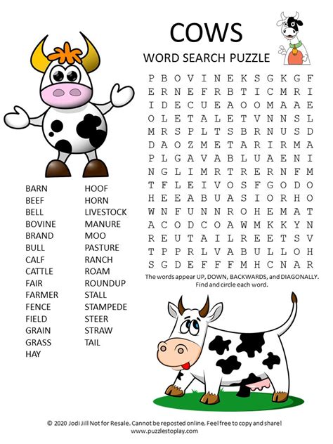 cows word search puzzle puzzles  play