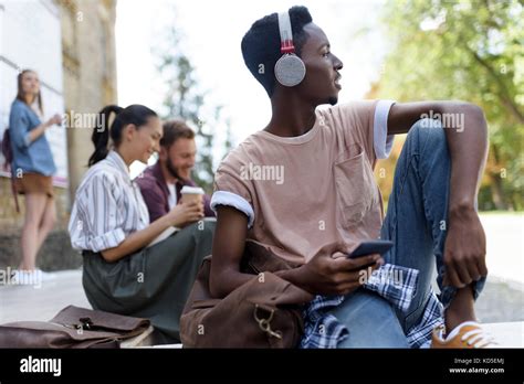 african american student  headphones stock photo alamy