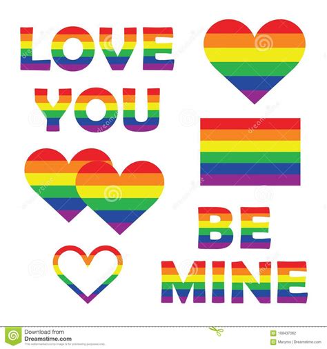 set collection of gay pride elements with rainbow spectrum heart shapes
