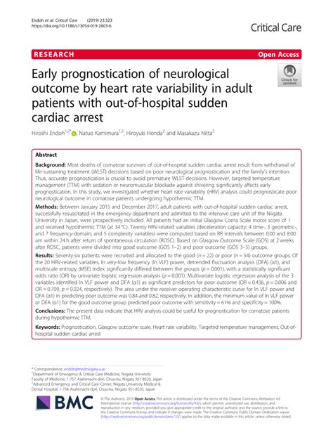 early prognostication  neurological outcome  heart rate