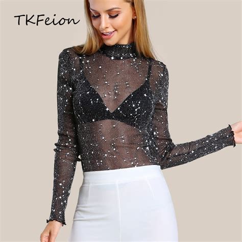 ladies mesh blouse glitter 2018 summer women sexy tops long sleeve