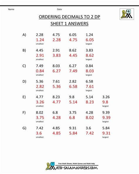printable math worksheets  answer key