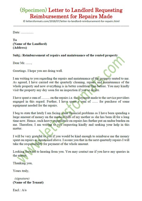 letter  landlord requesting reimbursement  repairs