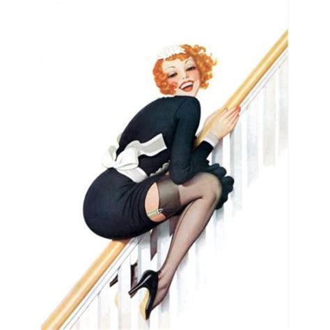 Pin Up Girl Vintage Style Post Redhead In French Maid Outfit Sliding On