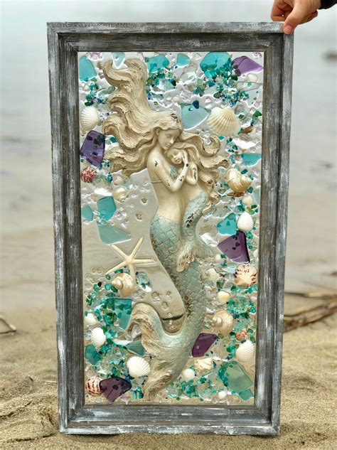 Large Beach Glass Shells And Mermaid In Barnwood Frame Beach Mosaic