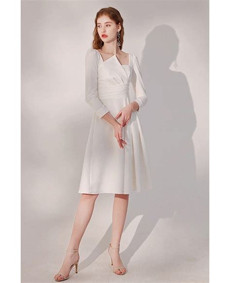 elegant white knee length party dress pleated with sleeves htx96023