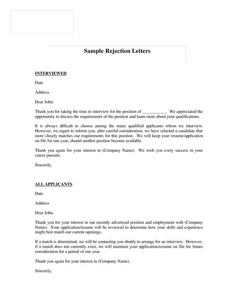 job applicant rejection letter  templates