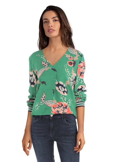 groene blouse met bloemenmotief en lange mouwen van part    mode
