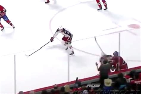 hockey fan falls down after big check against the glass bleacher report