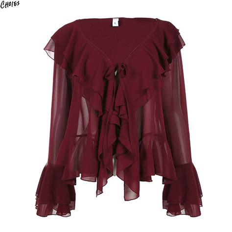 wine red v neck layered ruffle chiffon blouse women flared long sleeve