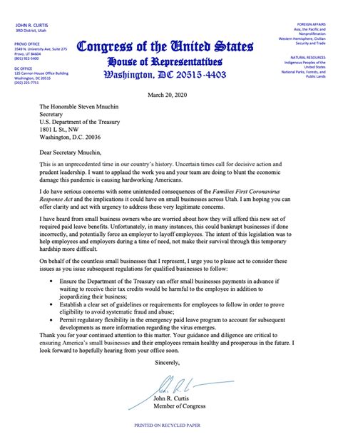 rep curtis sends letter to treasury department advocating for small