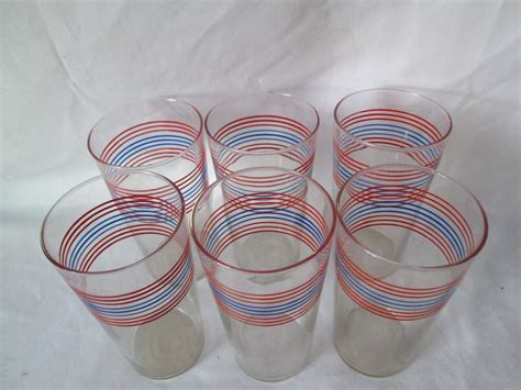vintage 1950 s horizontal striped red and blue on clear glass tumblers