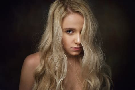 Wallpaper Women Model Blonde Long Hair Blue Eyes Bare Shoulders