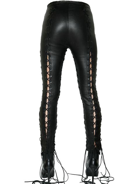 unravel project skinny lace up stretch leather pants in black lyst