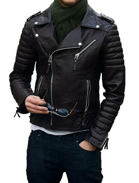 men quilted leather jacket  genuine soft cowhide biker bomber