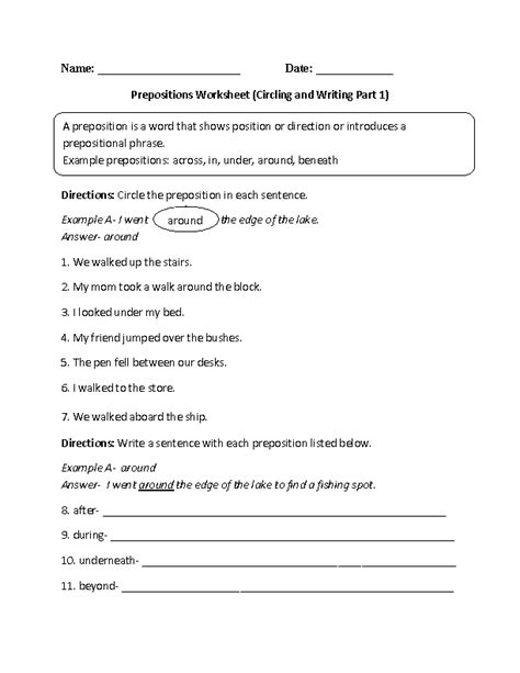 preposition worksheets  grade
