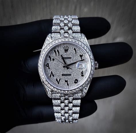 full diamond iced  rolex datejust   arabic dial fancy watches rolex watches  men