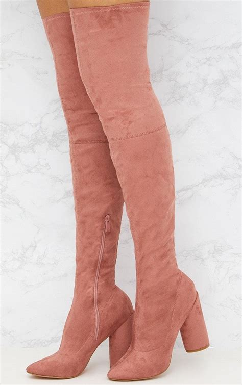 blush faux suede thigh high round heeled boots tacones calzas