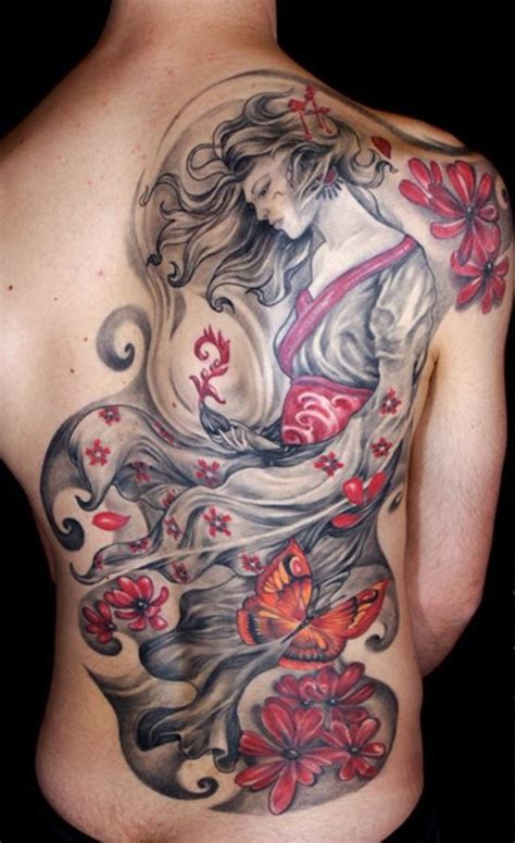 Elegant Gray Red Geisha Tattoo On Back Tattooimages Biz