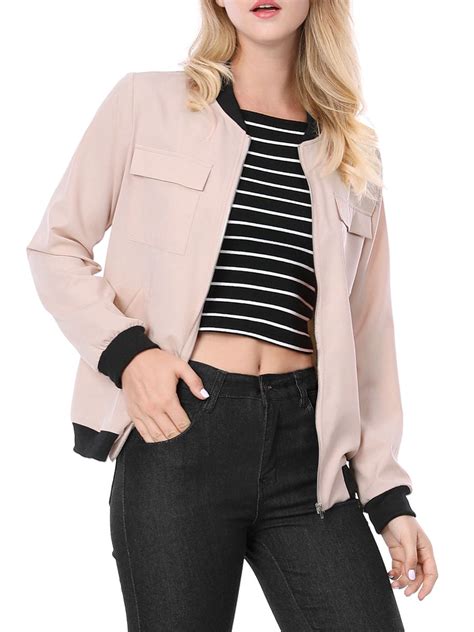 unique bargains unique bargains womens zip  pocket lightweight casual classic bomber jacket