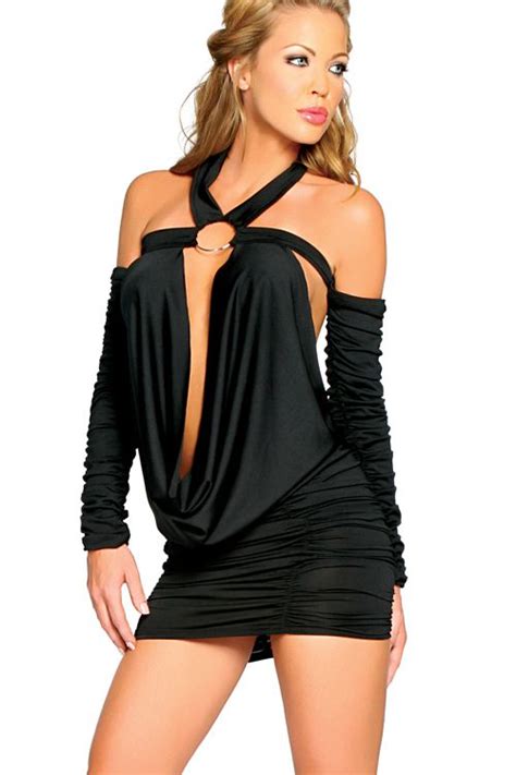 Black Halter Dress With Extreme V Toggle Neckline Ruched Mini Skirt