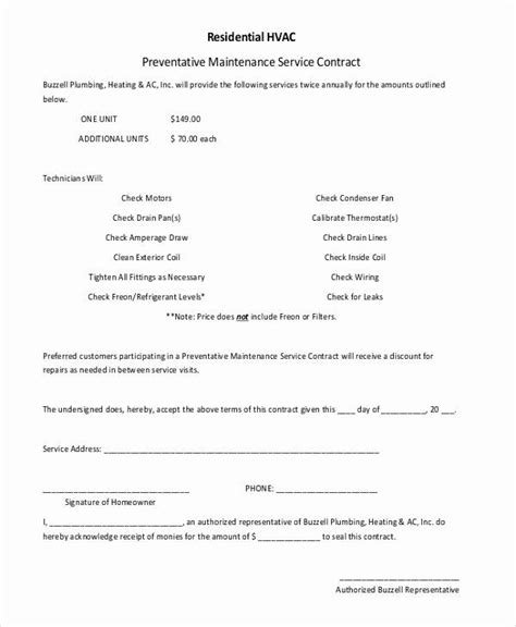 hvac maintenance contract template   sample residential service