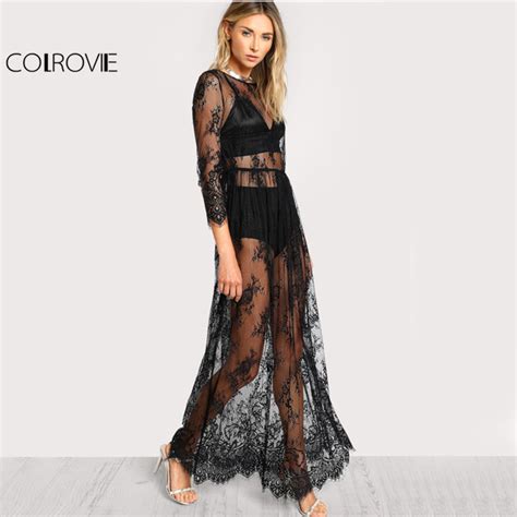 colrovie black sheer floral lace maxi dress high waist sexy women