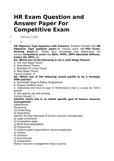 hr exam question  answer paper  competitive exam hr exam