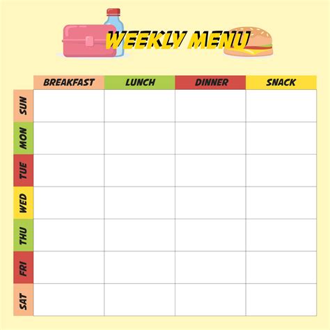 printable weekly menu template  printable templates