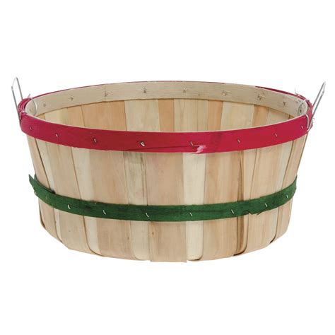 bushel basket  bushel  red  green bands chipwood  side handles