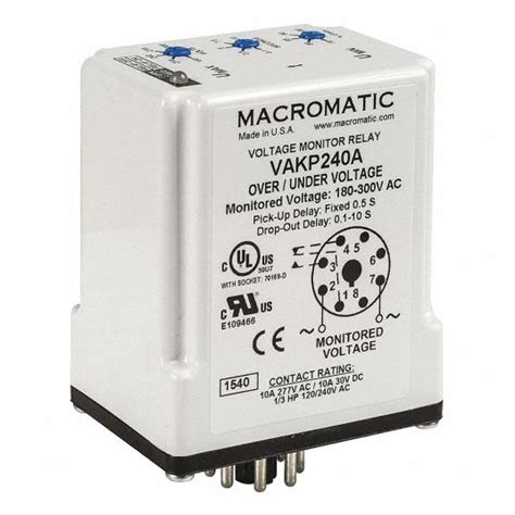 macromatic voltage sensing relay  ac     pins mounting plug  dpdt lv