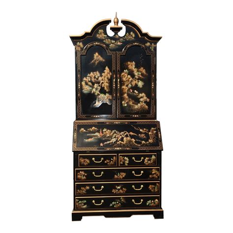 vintage chinese asian black lacquer chinoiserie secretary desk hutch