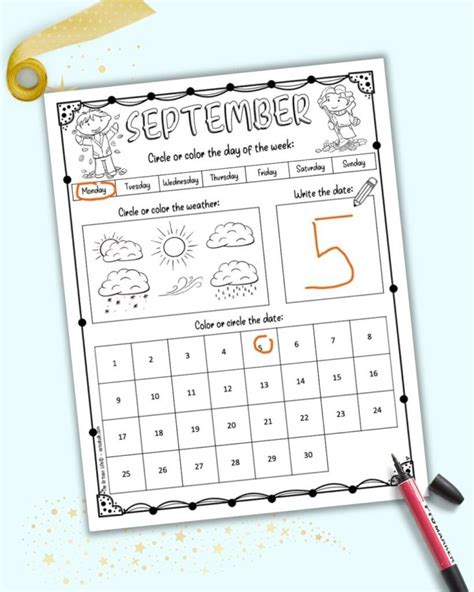 printable september calendar worksheet  kids artofit