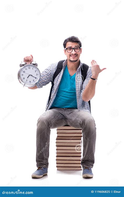young student sitting  top  book stack  white stock image