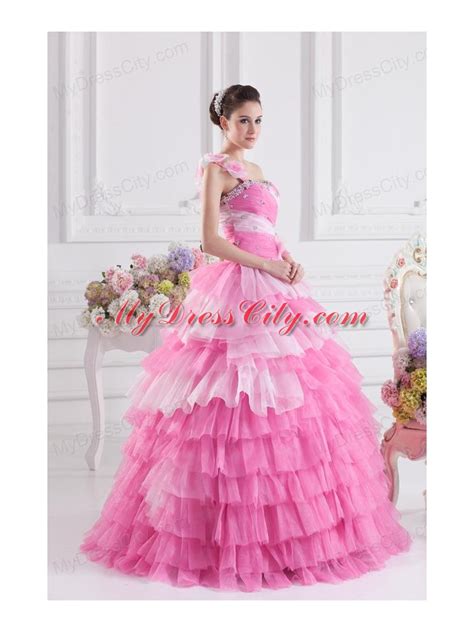 Pretty Rose Pink Princess One Shoulder Beading Quinceanera