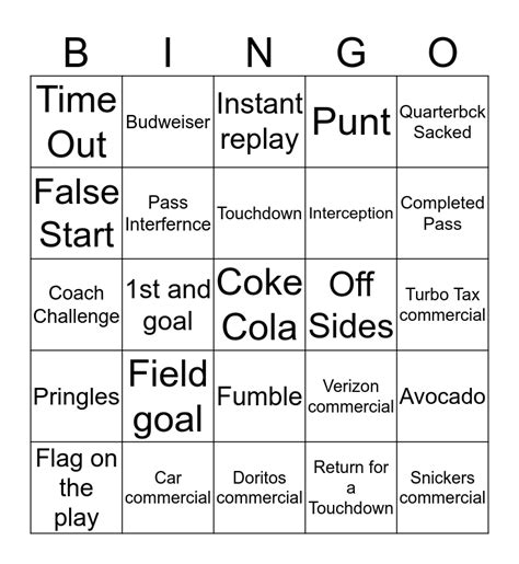 superbowl  bingo card