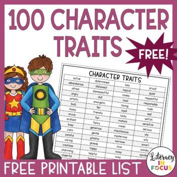 character traits  printable  list  literacy  focus