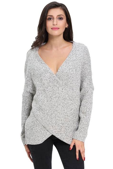 gray long sleeve women v neck tunic sweater online store