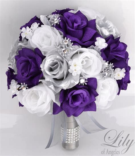 17 piece package silk flower wedding bridal bouquets sets purple silver