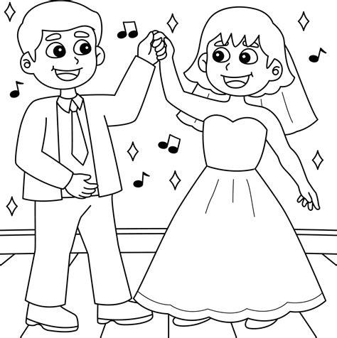wedding groom  bride dancing coloring page  vector art
