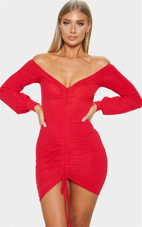 red ribbed ruched front bardot bodycon dress bodycon dress night out