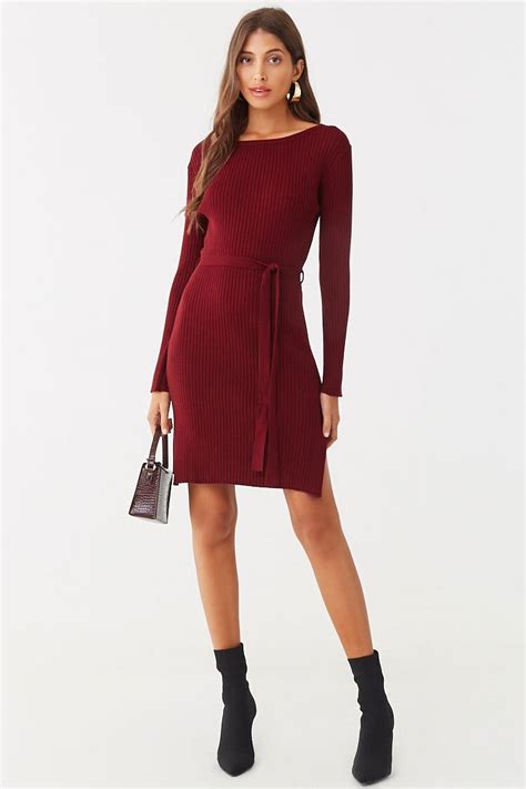 ribbed tie waist mini dress   knit mini dress burgundy sweater dress long sleeve dress