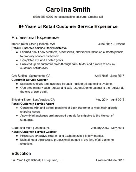retail customer service representative resume template